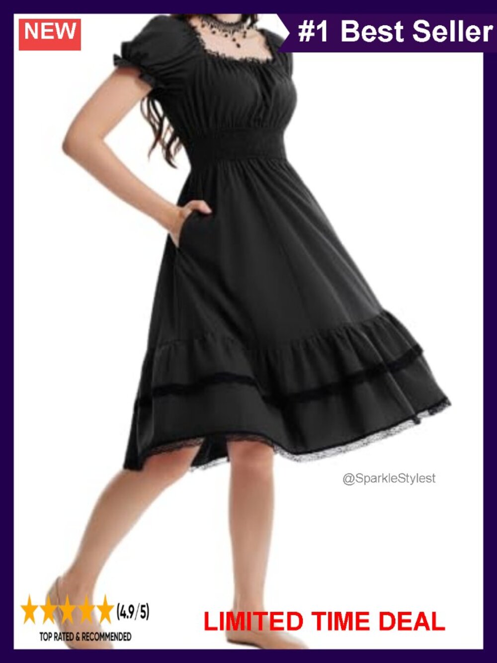 Gothic Pirate Corset A-Line Midi Dress with Pockets Puff Sleeve